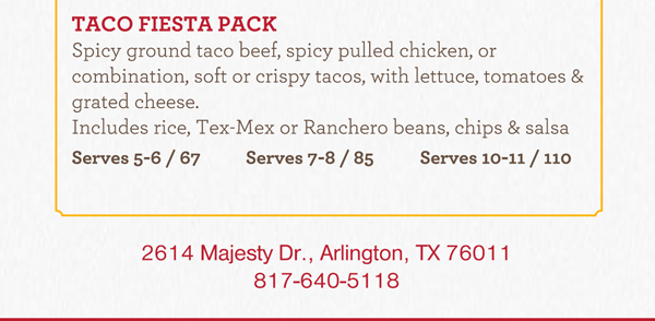 Get your party started with Fiesta Packs!
							See image for details
