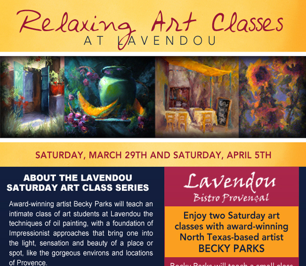 Lavendou Bistro - Relaxing Art Classes at Lavendou
Saturday, March 29th and Saturday, April 5th