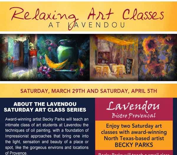 Lavendou Bistro - Relaxing Art Classes at Lavendou
Saturday, March 29th and Saturday, April 5th