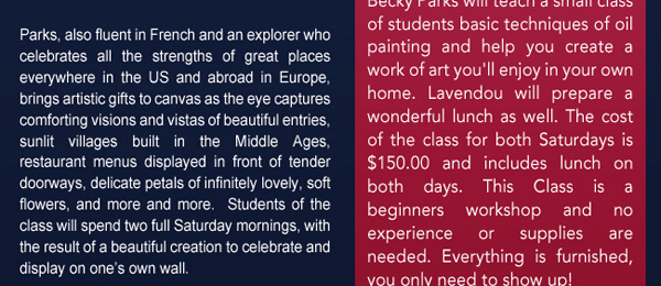 Enjoy two Saturday art classes with award-winning North Texas-based artist Becky Parks