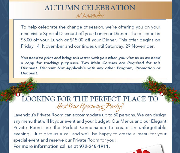 Autumn Celebration at Lavendou
							See image for article
							
							Looking for the perfect place to host your upcoming party?
							See image for article