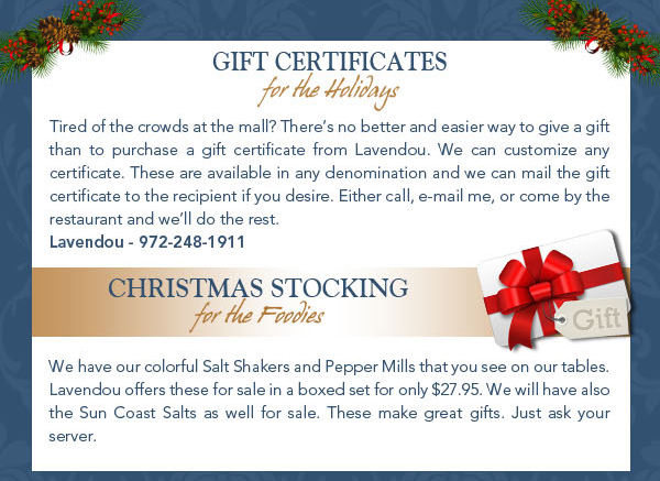 Gift Certificates for the Holidays
							Christmas Stocking for the Foodies
							See image for article