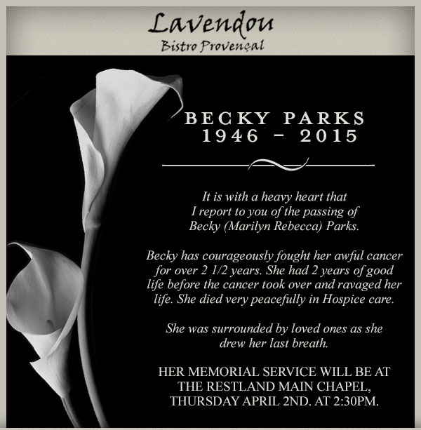 Becky Parks Memorial Service
							 See image for details
