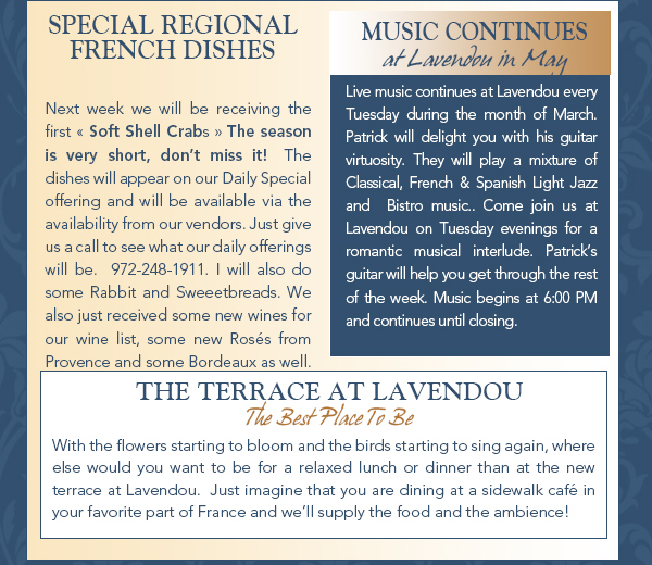 Special Regional French Dishes
							 See image for article
							 Mustic Continues at Lavendou
							 See image for article
							The Terrace
							 See image for article