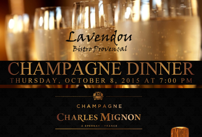 Champagne Dinner
							 Thursday, Oct 8 @ 7pm
							See image for full details