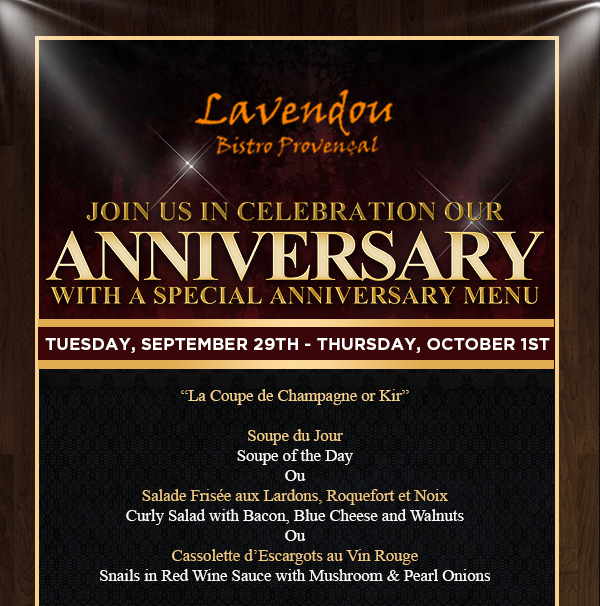 Join us in celebration of our Anniversary
							 Tues, Sept 29 - Thurs, Oct 1
							See image for details