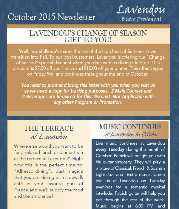 October Newsletter
							 Lavendou's Change of Season gift to you!
							 See image for article