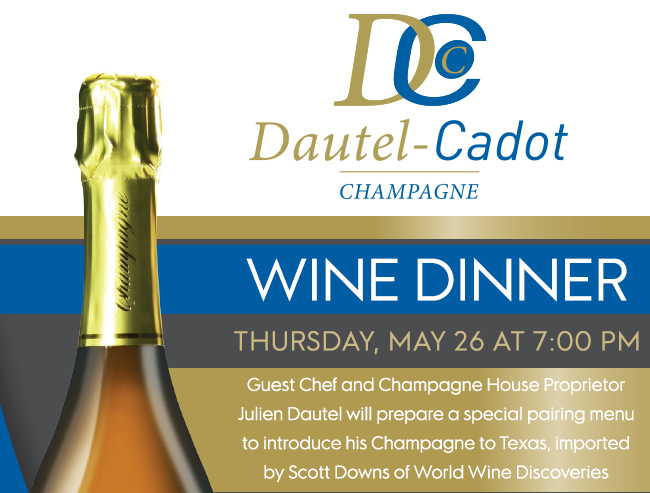 Wine Dinner
							 Thursday, May 26 7pm
							 See image for details