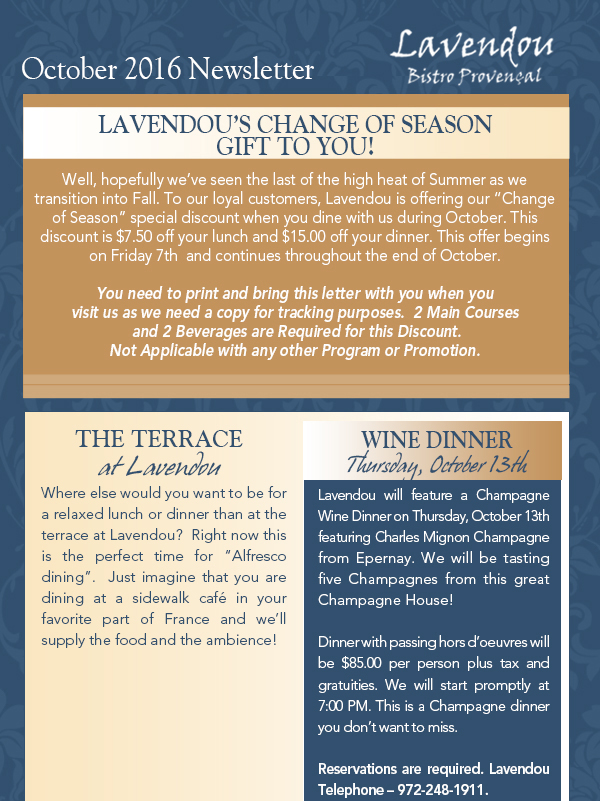 October Newsletter
							 Lavendou's change of seasons gift to you!
							 See image for articles