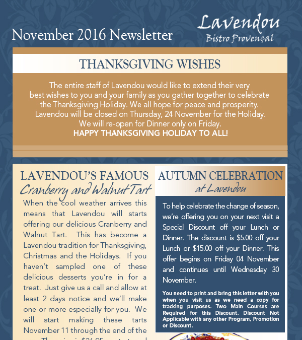 Lavendou Newsletter
							 Thanksgiving Wishes
							 See image for articles