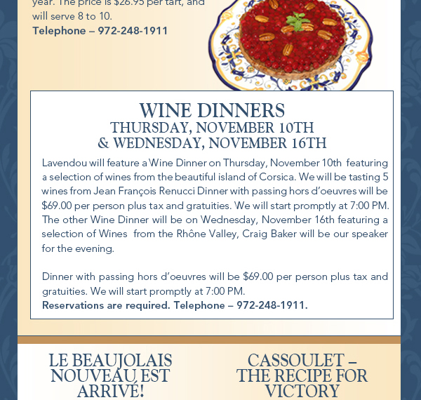 Lavendou Newsletter
							 Thanksgiving Wishes
							 See image for articles