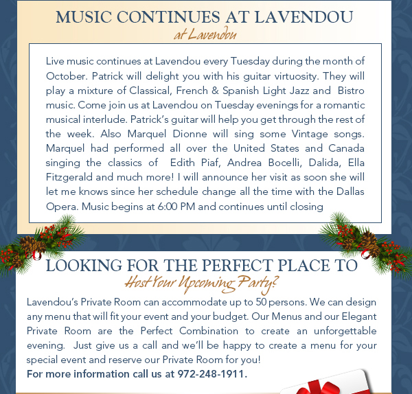 Lavendou Newsletter
							 Thanksgiving Wishes
							 See image for articles