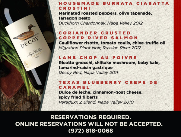 Bermuda Shooter Triangle

Housemade Burrata Ciabatta Crostini

Coriander Crusted Copper River Salmon

Lamb Chop Au Poivre

Texas Blueberry Crepe De Caramel

Reservations Required - Online reservations will not be accepted.