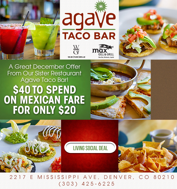 A great December offer from our sister restaurant
							Agave Taco Bar! $40 to spend on Mexican Fare for only $20