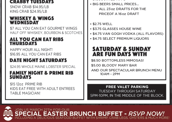 Weekly Specials
							 Happy Hour
							 See image for full details