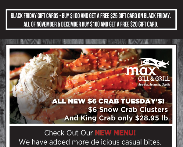 Black Friday Gift Card Special
							 Check out our new menu!
							 See image for full details
