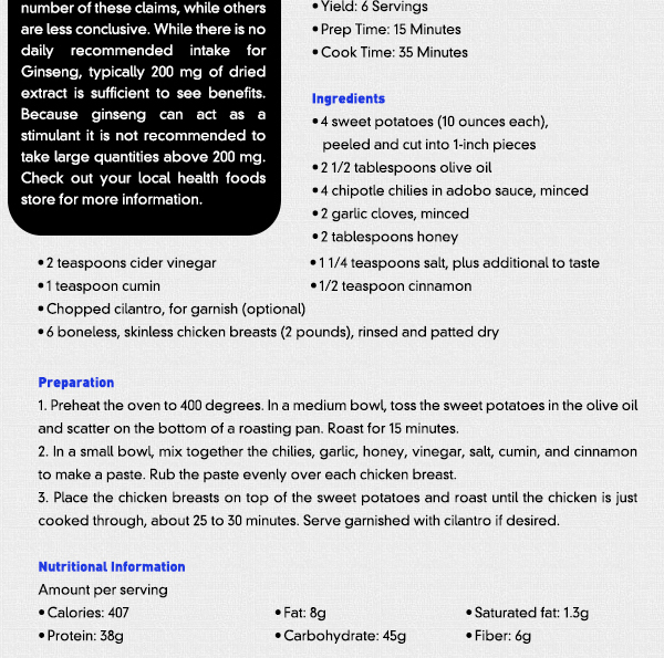 Recipe of the Month - Chipotle-glazed Roast Chicken with Sweet Potatoes
							Yield: 6 Servings 
							Prep Time: 15 Minutes
							Cook Time: 35 Minutes 

							See image for recipe