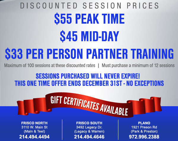 Discounted Session Prices
							$55 Peak Time
							$45 Mid-Day
							$33 per person partner training
							See image for full details