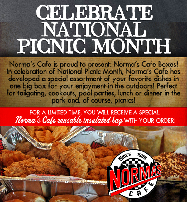 Norma's Cafe is proud to present:
							Norma's Cafe Boxes! In celebration of National Picnic Month, Norma's Cafe has developed a special assortment of your favorite dishes in one big box for your enjoyment - in the outdoors!
							Perfect for tailgating, cookouts, pool parties, lunch or dinner in the park and, of course, picnics!
							
							For a limited time you will receive a special Norma's Cafe reusable insulated bag with your order!