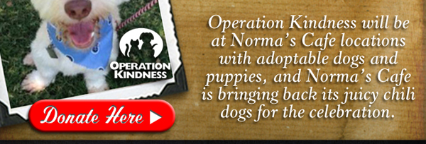 Operation Kindess will be at Norma's Cafe locations
							with adoptable dogs and puppies, and Norma's Cafe is bringing back its juicy chili dogs for the celebration.
							Donate Here