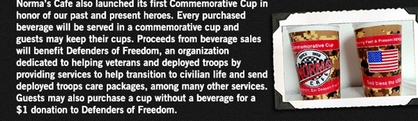 In addition, Norma's is running its fifth annual postcard writing
							campaign for our deployed men and women.
							See image for full details