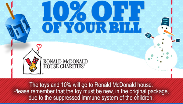 Bring in an unwrapped, unopened toy
							 and receive 10% off your bill
							 See image for full details/disclaimer