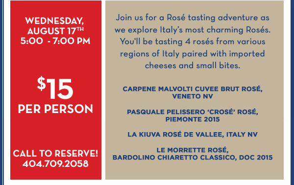 5pm - 7pm
							 $15 per person
							 Call to reserve!
							 See image for full details