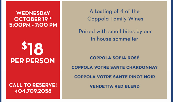 Wednesday, Oct 19th
							 5-7pm
							 $18 per person
							 See image for full details