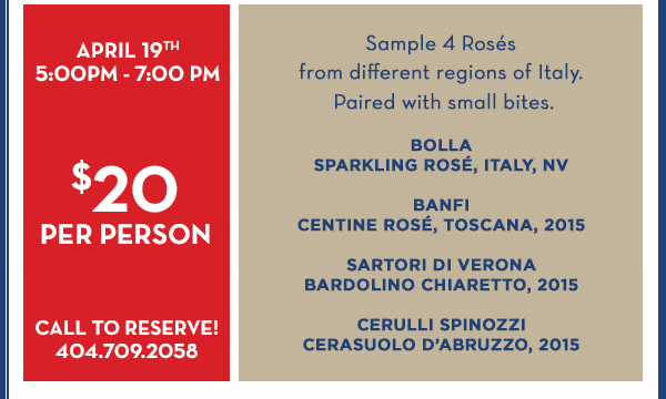 $20 per person
							 April 19th 5pm-7pm
							 See image for full details