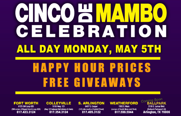 All Day Monday, May 5th

Happy hour prics
Free Giveaways

$14.95