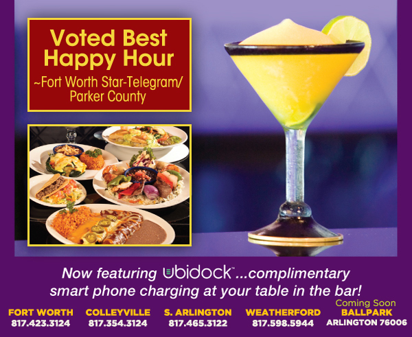Now featuring Ubidock... complimentary smart phone charging at your table in the bar!
							Fort Worth - 817.423.3124 | Colleyville - 817.354.3124 | S. Arlington - 817.463.3122 | Weatherford - 817.598.5944 | Coming soon Ballpark in Arlington