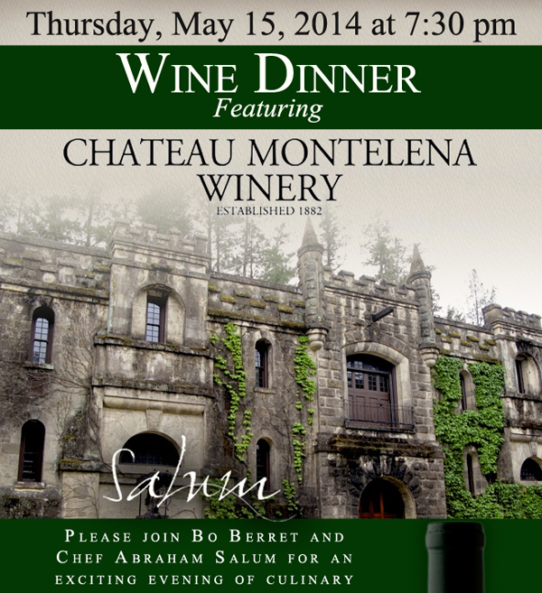 Salum Restaurant

Thursday, May 15 at 7:30pm

Wine Dinner featuring Chateau Montelena Winery

Please join Bo Berret and Chef Abraham Salum for an exciting evening of culinary delights paired with our elegantly crafted wines