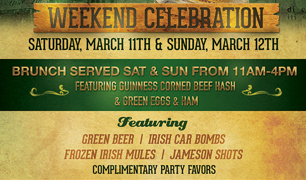 Featuring
							 Green Beer, Irish Car Bombs, Frozen Irish Mules, Jameson Shots
							 See image for full details