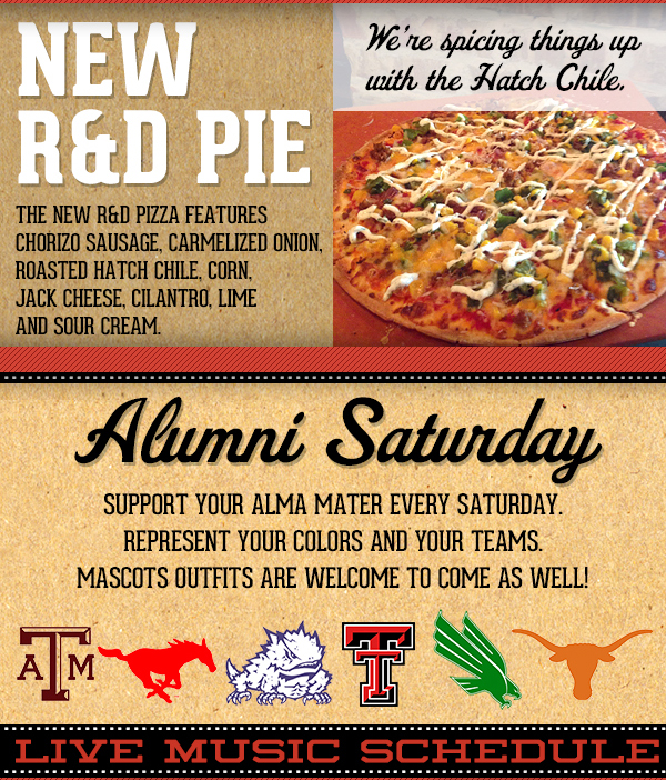New R&D Pie
							See image for details
							
							Alumni Saturday
							Support your alma mater every Saturday. Represent your colors and your teams. Mascots outfits are welcome to come as well!
