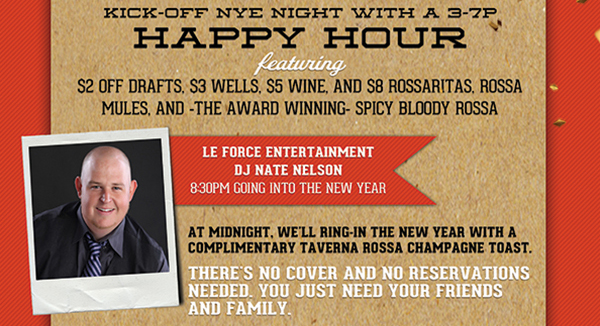 Kick off NYE Night with a 3-7pm Happy Hour
							See image for full details