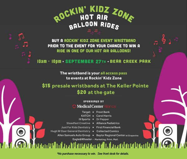 Free Concert
							To pre-order your game & ride wristbands, stop by The Keller Pointe
							$15 ($20 if purchased the day of the event)