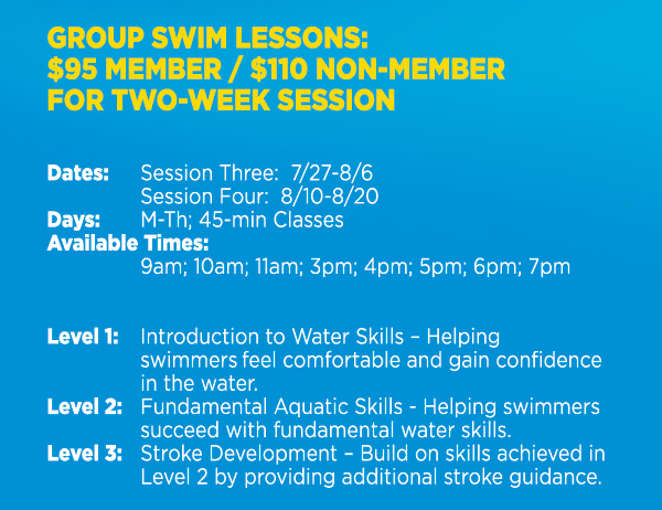 Group swim lessons:
							 $95 member / $110 non-member
							 See image for full details