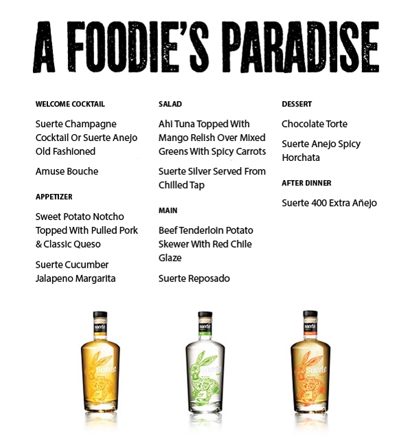 A Foodie's Paradise

Welcome Cocktail - Suerte Champagne Cocktail Or Suerte Anejo Old Fashioned / Amuse Bouche

Appetizer - Sweet Potato Notcho Topped With Pulled Pork & Classic Queso / Suerte Cucumber Jalapeno Margarita

Salad - Ahi Tuna Topped With Mango Relish Over Mixed Greens With Spicy / Carrots / Suerte Silver Served From Chilled Tap

Main - Beef Tenderloin Potato Skewer With Red Chile Glaze / Suerte Reposado

Dessert - Chocolate Torte / Suerte Anejo Spicy Horchata

After Dinner - Suerte 400 Extra Anejo