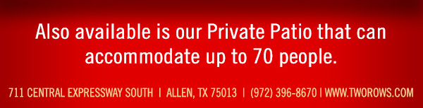 www.tworows.com - Allen's favorite hometown restaurant & bar featuring wood-fired brick oven pizza, big ole burgers, spacious patio, and much more!