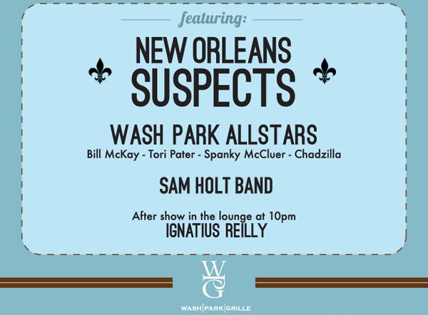 featuring
New Orleans Suspects
Wash Park All Stars
Robby and the Peoples
Ignatius Reilly